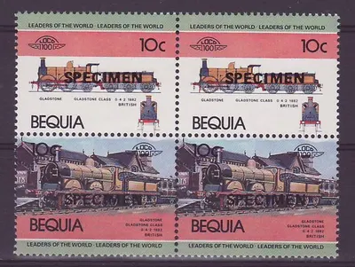 Bequia 10c Zug Gladstone 0-4-2 1982 ** Luxe Überstempelung Exemplar Block von 4