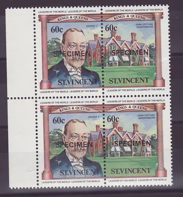 St Vincent 60c George V Sandrigham Bloco de 4 com Surcharge SPECIMEN ** Luxe