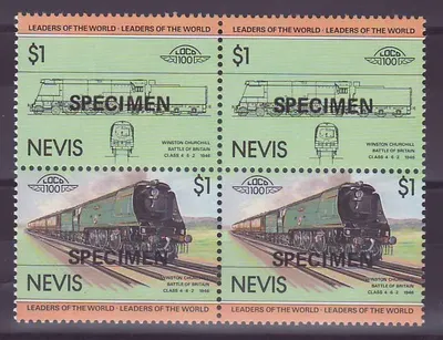 Nevis 1$ Trem Winston Churchill 4-6-2 1946 Sobretaxa Espécime ** Luxo Bloco de 4