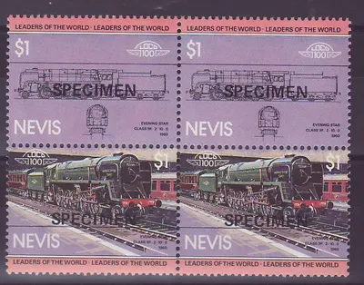 Nevis 1$ Trem Evening Star 1960 sobrecarga ESPÉCIME ** Luxo Bloco de 4