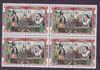 Vaitupu Tuvalu 5c Charles I Batalha de Naseby ** Luxo Sobrecarga ESPÉCIME Bloco de 4