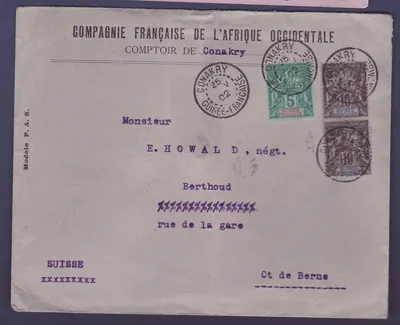 Guinee Bưu thiếp 2*10c Nhóm + 5c Nhóm Con dấu Conarky 25 THÁNG 11 02 gửi đến Berne Thụy Sĩ Hiếm