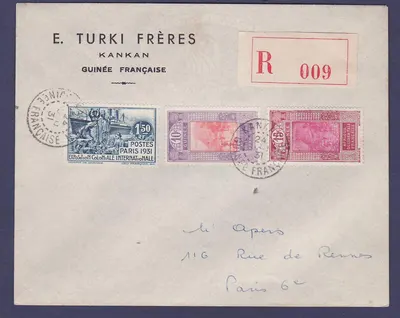Guinee Gue de Kitim 10c +15c + Eksponat kolonialny 1931 1F50 Kankan 24 GRU 31 do Paryża Francja de Turki Frères