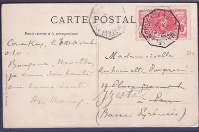 Guinea Karta pocztowa z 10c Faidherbe pieczęcią Matadi do Bordeaux 1 9 10 Rzadka do Pau Izerte