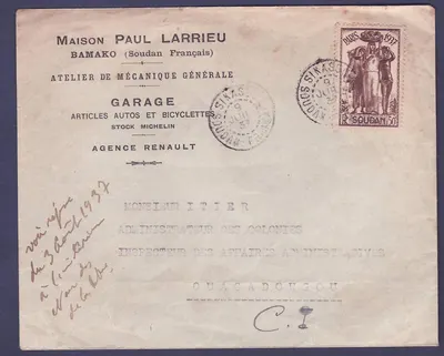 Sudão Carta com selo Paris 1937 obl Sikasso 9 JUL 37 para Ouagadougou Costa do Marfim corresp Casa Paul Larrieu