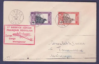 Niger 1er Vol Europe Congo Madagascar obl Zinder 10 NOV 35 pour Tananarive Madagascar