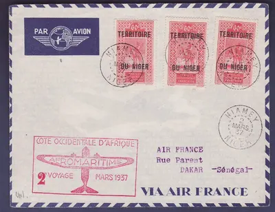 Niger 1º Voo Aeromarítimo 2º Viagem Março 1937 carimbo Niamey 2 Março 1937 para Dakar Senegal