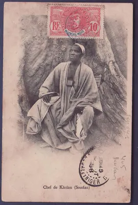 Haut Senegal & Niger Carta Postal Rara carimbo Azul Koury 7 DE AGOSTO DE 1908 Vista Chefe de Kinian Soudan