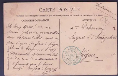 Haut Senegal & Niger Carta Postal Rara carimbo Azul Koury 7 DE AGOSTO DE 1908 Vista Chefe de Kinian Soudan — Verso