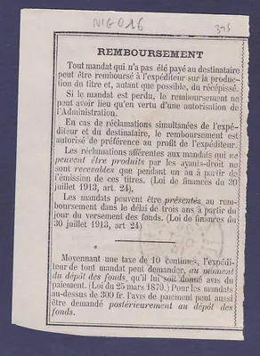 Niger Recepisse Mandat Cachet Zinder 26 OUT 16 — Verso