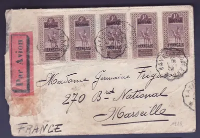 Sudão Carta com selo de 5F para Marselha carimbo ondulado Kayes a Bamako 1928