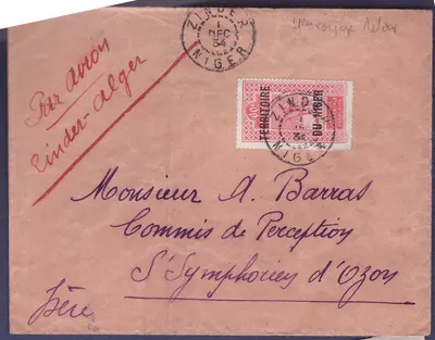 Níger 4º Viagem Retorno Voo Zinder Alger carimbo 1 DEZ 34 Raro para St Symphorien d'Ozon