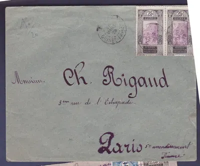 Guiné Carta com par de 25c carimbada 26 MARÇO 29 para Paris