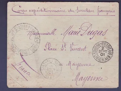 Sudão Letra Correspondência Militar carimbado Kati 10 AGO 01 + carimbo marítimo Ligne M n°3 para Mayenne França