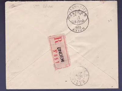 Niger 1er Volt 5eme retour Zinder Alger pour Aubervilliers cachet 17 AV 33 1er vol — Verso