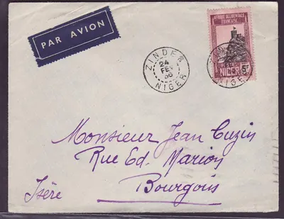 Níger 5F Único em carta para Bourgoin Isère França carimbo 24 FEV 36