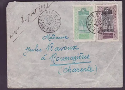 Sudão Letra acondicionada 20c + 5c obl Nioro 20 SET 22 para Roumazieres Charente França