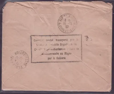 Sudan Fine letter Service Automobile (Poststempel auf Rückseite) Transaharian Company obl Gao 29 NOV 37 — Rückseite