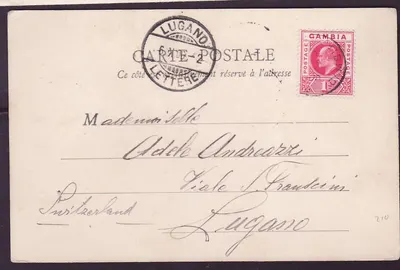 Gambie Gambia Bilhete postal antigo Mercado de Conakry para Lugano em Lugano 1906 — Verso