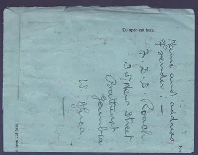 Gambie Gambia Aerogram wth 6p value  censor handtsamp  to Yorkshire  England — Verso