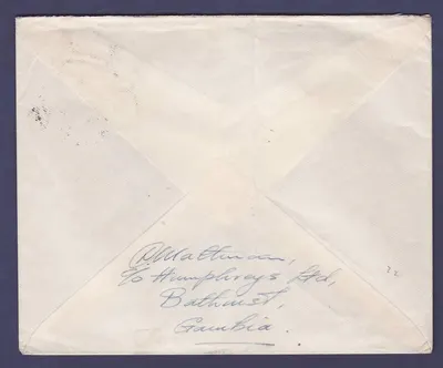 Gambie Gambia Cover with 2/6 value dated FE 43  censor handstamp  for Edgware  Middlesex  England — Verso