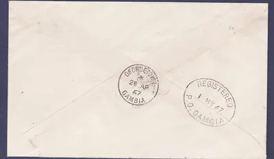 Gambia Gambia Registered cover with pair of 4d Kulangjango bird issue can Georgetown 28 AR 1967 to Bathrust (oiseau) — Achterkant