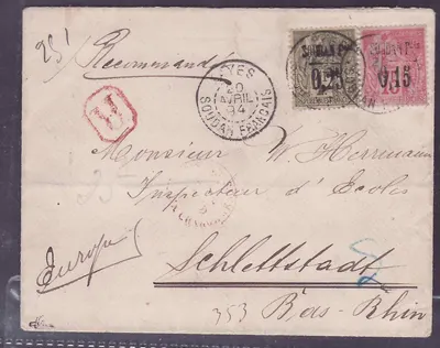 Carta do Sudão com n°1 e 2 de selo recomendado para Schlellstadt Selestat obl Kayes 20 AVR 94 Raríssimo