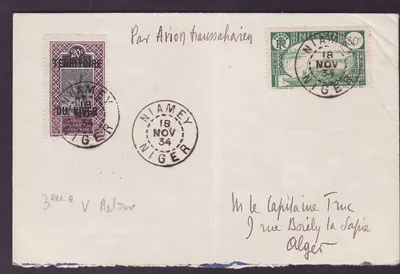 Carta Niger 1º Voo de volta Zinder Alger carimbada Niamey 18 NOV 34 para Alger Raríssimo
