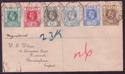 Gambia Umschlag mit verschiedenen GV-Werten auf Wilson-Umschlag vom AP 13 der 1d mit RARE SPLIT A-Variante. Selten