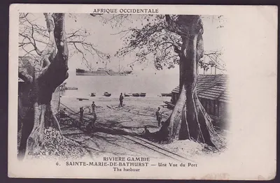 Bilhete postal antigo Gambia Sainte Marie de Bathurst Uma vista do porto Timbre Gold Coast obl 1913