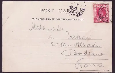 Gambia Gambie Cartão Postal com 1d EVII adesivo Bathurst Cape Sainte Mary para Bordeaux França — Verso