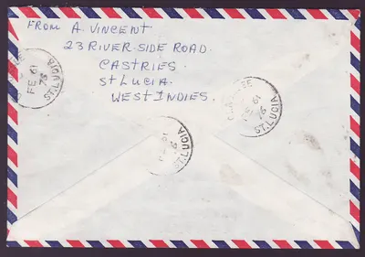 St Lucia Lucie Cover mit Chaussee (kleines Büro) cds nach England 1976 — Rückseite