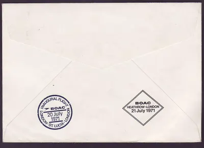 St Lucia Lucie Carta de correio com carimbo de Vieux Fort (pequeno escritório) de 1971 British Aviation 1st Flights BOAC — Verso