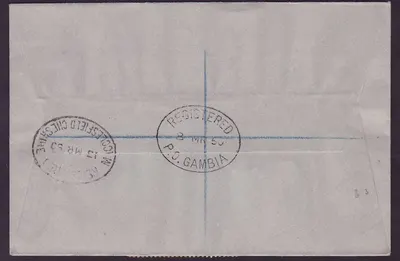 Gambia Gambie BASSE (ufficio piccolo) su copertina con emissioni UPU per Prestbury, Inghilterra MR 50 cds — Verso