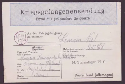 Kriegsgefangenensendung Envio para prisioneiros de guerra para Stammalger IV Militaria Lemaire Nouvion Raro Leão