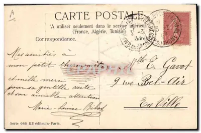 Marie-Louise Bilad — jovem segurando um buquê de rosas — editada por K.F. Paris, série 668 — Verso
