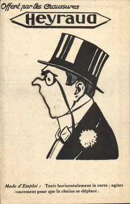 Publicité pour les chaussures Heyraud — mode d'emploi avec caricature d'homme en haut-de-forme — verso publicité complète