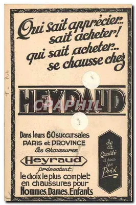 Publicité pour les chaussures Heyraud — mode d'emploi avec caricature d'homme en haut-de-forme — verso publicité complète — Verso