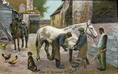 Chez le Marechal-Ferrant — scène de ferrage — éditeur Séeberger, n° 3185