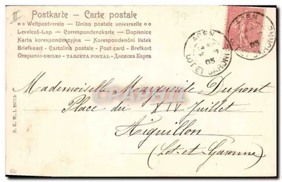 Flores formando la inicial M — Tarjeta postal — Unión postal universal — editor Levelezö-Lap — Reverso