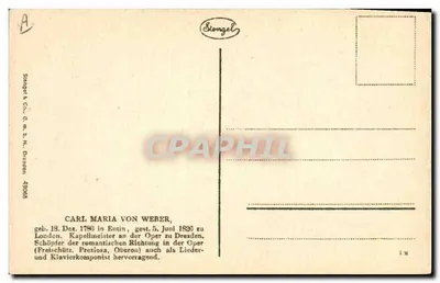 Carl Maria von Weber — retrato gravado — Stengel & Co., Dresden, n° 49065 — Verso