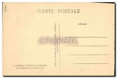 O Oficial Charles de Foucauld — em traje do 4º Hussards — Coleção R. Prouho & Hussard-Dey, Argélia — Verso