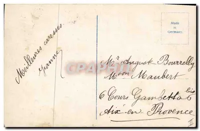Femme en robe ornée tenant champagne — éditeur 'Made in Germany' et n° II — Verso