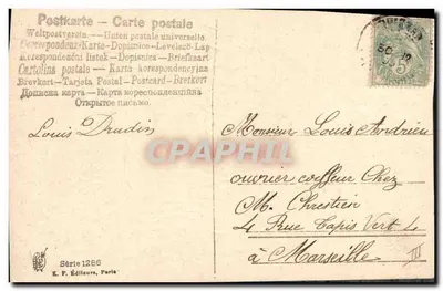 Mano cerrada en un corazón de flores — Felicidad y Prosperidad — Serie 1286, R. F. Éditeurs, Paris — Reverso