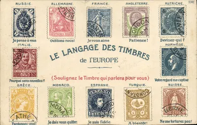 Bilhete postal antigo Fantasia O idioma dos selos Rússia Alemanha França Inglaterra Áustria Itália Noruega Grécia Suíça Mônaco Espanha Turquia