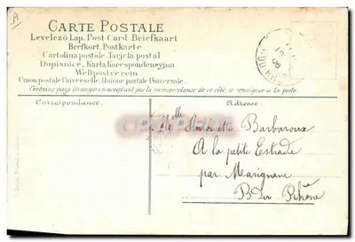 O idioma dos selos — carta postal ilustrada com um anjo e vários selos franceses — editor desconhecido, número de série não visível — Verso