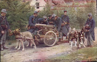 Im Krieg – belgische Maschinengewehre – Minzspiritus und Melissenwasser der Carmeliten des Bruders Mathias, Marseille