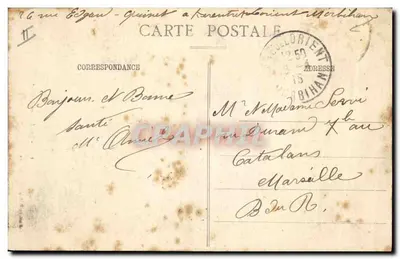 Dwa dzieci w strojach tradycyjnych — gra w lalki — kolekcja H. Laurent, Port-Louis — Rewers