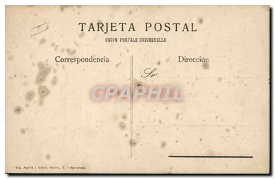 Bloemen en gele pen — illustratie — Antieke ansichtkaart Union Postale Universelle, Tip. Aguilà y Giliell, 17 - Barcelona — Achterkant