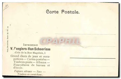 Kobieta w białym kapeluszu — szycie — Drukarnia V. Foegiers-Van Schoorisse, Bruksela — Rewers